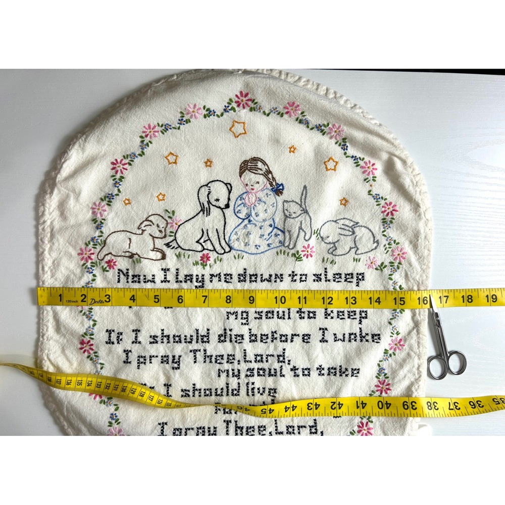 Vintage Hand Embroidered Now I Lay Me Down To Sleep Prayer Wall Hanging Nursery - Picture 2 of 12